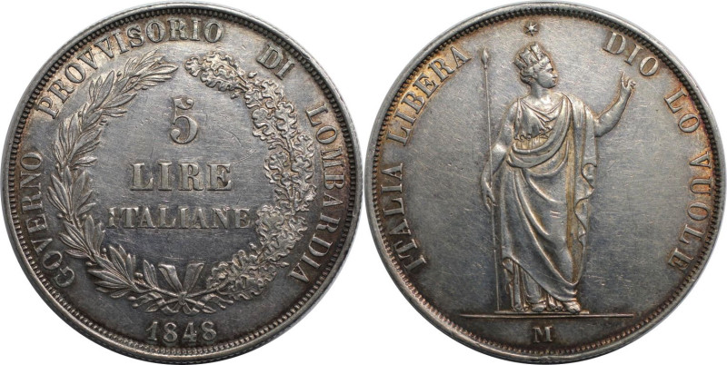 Europäische Münzen und Medaillen, Italien / Italy. LOMBARDY-VENETIA. 5 Lire 1848...