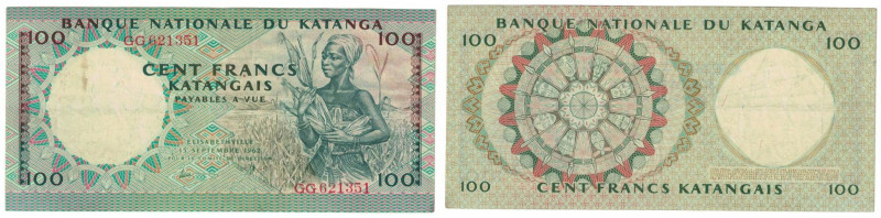 Banknoten, Katanga. 100 Francs 15.9.1962. Frau trägt Mais. P. 12a. Gepresst. III...