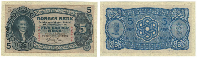 Banknoten, Norwegen / Norway. 5 Kroner 1943. P. 7c. UNC