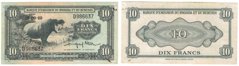 Banknoten, Ruanda / Rwanda. Rwanda-Burundi. 10 Francs 15.9.1960. Nilpferde. P. 2...