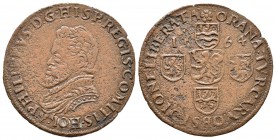Felipe II (1556-1598). Jetón. 1564. (Dugn-2386). (Vq-13629). Ae. 4,77 g. Toma de Orán. Oxidaciones. MBC-. Est...35,00.