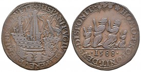 Felipe II (1556-1598). Jetón. 1588. Dordrecht. (Dugn-3188). Ae. 4,91 g. Derrota de la Armada Invencible. MBC-. Est...40,00.