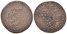 Felipe II (1556-1598). Jetón. 1597. Dordrecht. (Dugn-3412). Ae. 5,82 g. Tropas españolas huyen ante las tropas del príncipe Mauricio. BC+/MBC-. Est......