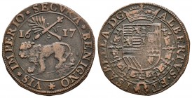 Alberto e Isabel (1598-1621). Jetón. 1617. (Dugn-3737). Anv.: León bajo cetro cruzado con rama de palma. Ae. 4,44 g. MBC. Est...40,00.