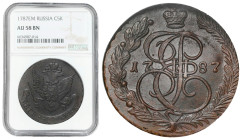 Russia
RUSSIA / RUSSLAND / РОССИЯ / MOSCOW / PETERSBURG

Rosja, Catherine II. 5 Kopek (kopeck) 1787 EM, Jakaterinburg NGC AU58 
AW: Ukoronowany mo...