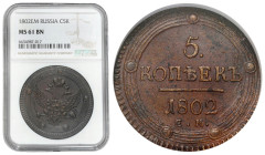 Russia
RUSSIA / RUSSLAND / РОССИЯ / MOSCOW / PETERSBURG

Rosja, Alekxander I. 5 Kopek (kopeck) 1802 EM, Jekaterinburg NGC MS61 BN 
AW: Dwugłowy or...