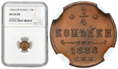 Russia
RUSSIA / RUSSLAND / РОССИЯ / MOSCOW / PETERSBURG

Rosja, Alekxander III. 1/4 Kopek (kopeck)1886 СПБ, Petersburg NGC MS64 RB- BEAUTIFUL 

W...