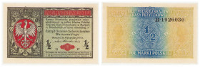 Polish banknotes 1916 - 1948
POLSKA / POLAND / POLEN / POLOGNE / POLSKO

1/2 marki polskiej 1916 seria B, Generał 

Pięknie zachowany egzemplarz....