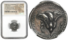 Ancient coins: Greece
Greece, Rhodes, Didrachma ca. 250-230 BC, Caria NGC Ch XF 
AW: Głowa Heliosa 3/4 na wprost.
RW: Róża rodyjska z pojedynczym p...