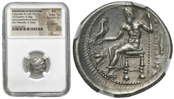 Ancient coins: Greece
Greece. Macedonia, Drachma, Alexander III the Great 336-323 BC, Lampsakos NGC AU 5/5, 3/5 
AW: Głowa Heraklesa w skalpie lwa, ...