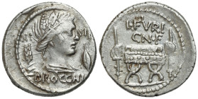 Ancient coins: Roman Republic (Rome)
Roman Republic, L. Furius Cn. f. Brocchus 63 BC Denarius 63 BC, Rome - NICE 
AW: Popiersie Ceres między kłosem ...