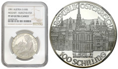 Austria
Austria. 100 schilling 1991 NGC PF69 ULTRA CAMEO 

200. rocznica śmierci Wolfganga Amadeusza Mozarta. Burgtheater.Wyśmienicie zachowany egz...