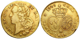 France
France, Louis XV 1715-1774. Double Louis d'or 1745 BB, Strasbourg 

Skaleczenie na rancie. Delikatny justunek. Moneta ładnie zachowana.

D...