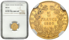 France
France. Napoleon III (18521870). 5 Francs 1860 A, Paris NGC MS61 

Pięknie zachowany egzemplarz co zostało docenione przez firmę NGC notą MS...
