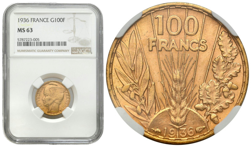 France
France. 100 Francs 1936 NGC MS63 

Piękny, menniczy egzemplarz co zost...