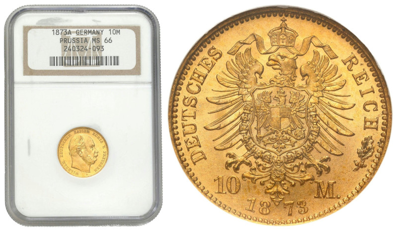 Germany
Germany. Prussia Wilhelm 10 Mark 1873 A , Berlin NGC MS66 

Pięknie z...