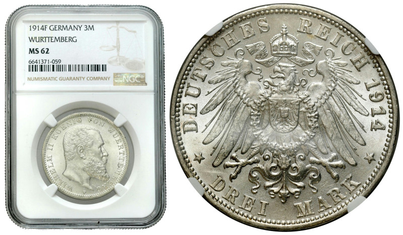 Germany
Germany, Wrttemberg. 3 marks 1914 F, Stuttgart NGC MS62 

Piękny, men...