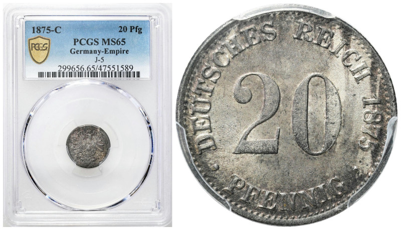 Germany
German Empire. 20 pfennigs 1875 C, Frankfurt PCGS MS65 (2 MAX) BEAUTIFU...