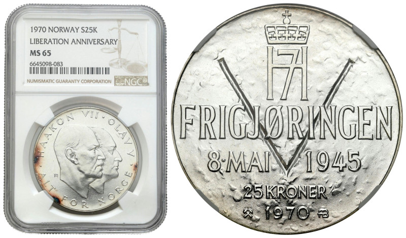 Norway
Norway. Olaf V (1957-1991). 25 kroner 1970, Kongsberg NGC MS65 

25. r...