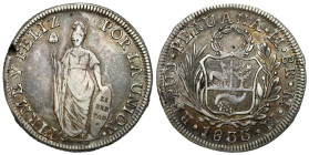 Peru
Peru. 8 reales 1833 MM, Lima 

Ciemna patyna, zapiłowanie na rancie.

Details: 26,45 g Ag 
Condition: 3/3- (VF/VF-) 
Literature: KM 142.3