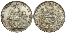 Peru
Peru. Sol 1883, Lima - NICE 

Bardzo ładnie zachowany z połyskiem menniczym.

Details: 2502 g Ag 
Condition: 2 (EF) 
Literature: KM 196