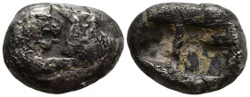 KINGS of LYDIA. Kroisos. (Circa 564/53-550/39 BC). Sardes
AR Third Stater (10.8mm 2.9g)
Obv: Confronted foreparts of lion and bull
Rev: Two irregul...