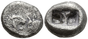 KINGS of LYDIA. Kroisos. (Circa 564/53-550/39 BC). Sardes
AR Third Stater (11.9mm 3.25g)
Obv: Confronted foreparts of lion and bull
Rev: Two irregu...