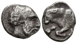 CARIA. Uncertain. (Circa 380-340 BC)
AR Diobol (19.3mm 1.12g)
Obv: Head of male right, wearing beard
Rev: Forepart of bull left; Carian letter y on...