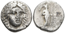SATRAPS OF CARIA. Maussollos 377-352 BC
AR Drachm (15.1mm 3.42g)
Obv: Laureate head of Apollo facing, turned slightly to right and with the top of h...