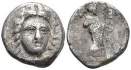 SATRAPS OF CARIA. Pixodaros (circa 341/0-336/5 BC). Halikarnassos
AR Drachm (15mm 3.64g)
Obv: Laureate head of Apollo facing, turned slightly to rig...