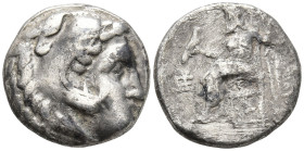 KINGS OF MACEDON. Alexander III ‘the Great’ (336-323 BC)
AR Drachm (16.3mm 3.98g)
Obv: Head of Herakles right, wearing lionskin headdress
Rev: AΛEΞ...