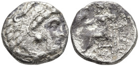 KINGS OF MACEDON. Alexander III ‘the Great’ (336-323 BC)
AR Drachm (17.1mm 4.21g)
Obv: Head of Herakles right, wearing lionskin headdress
Rev: AΛEΞ...