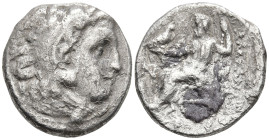 KINGS OF MACEDON. Alexander III ‘the Great’ (336-323 BC)
AR Drachm (17.1mm 4.01g)
Obv: Head of Herakles right, wearing lionskin headdress
Rev: AΛEΞ...