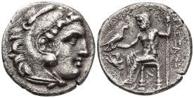 KINGS of MACEDON. Alexander III "the Great" (336-323 BC). Lampsakos.
AR Drachm (17.2mm 3.92g)
Obv: Head of Herakles to right, wearing lion skin head...