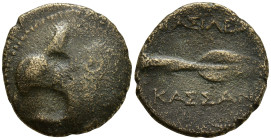 KINGS of MACEDON. Kassander. (305-298 BC). Uncertain mint in Caria.
AE Bronze (18.1mm 2.99g)
Obv: Helmet with nose and cheek guards right
Rev: BAΣI...