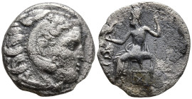 KINGS of THRACE. Lysimachos (305-281 BC). Kolophon.
AR Drachm (17.3mm 3.54g)
Obv: Head of Herakles right, wearing lion skin
Rev: Zeus Aëtophoros se...