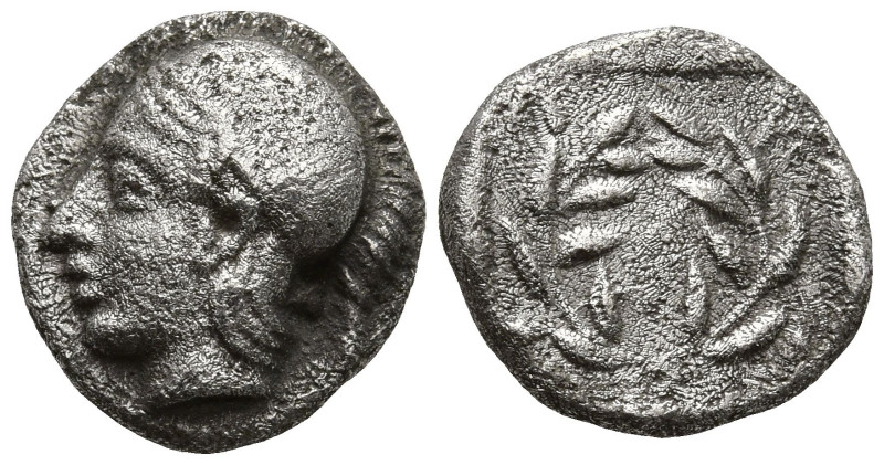 AEOLIS. Elaia. (Circa 450-400 BC).
AR Diobol (10.2mm 1.2g)
Obv: Helmeted head ...