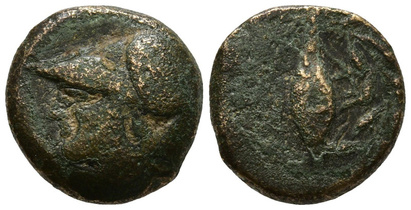 AEOLIS. Elaia. (Circa 340-300 BC).
AE Brozne (10.4mm 1.36g)
Obv: Helmeted head...