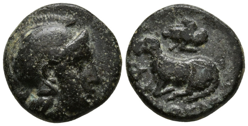 IONIA. Klazomenai. (Circa 387-300 BC).
AE Bronze (11.2mm 1.34g)
Obv: Helmeted ...