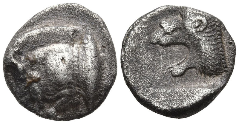 MYSIA. Kyzikos. (Circa 450-400 BC).
AR Diobol (10.8mm 1.14g)
Obv: Forepart of ...