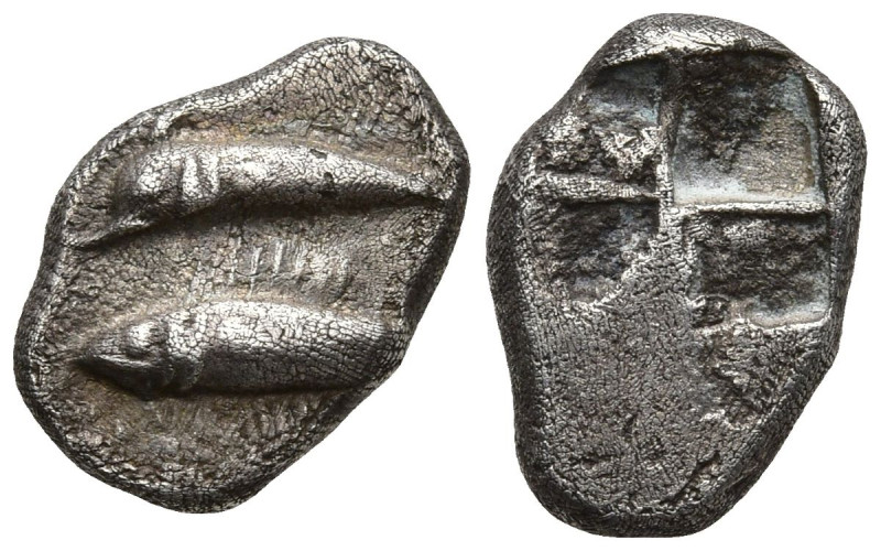 MYSIA. Kyzikos. (Circa 550-480 BC)
AR Obol (7.8mm 0.9g)
Obv: Dolphin left abov...