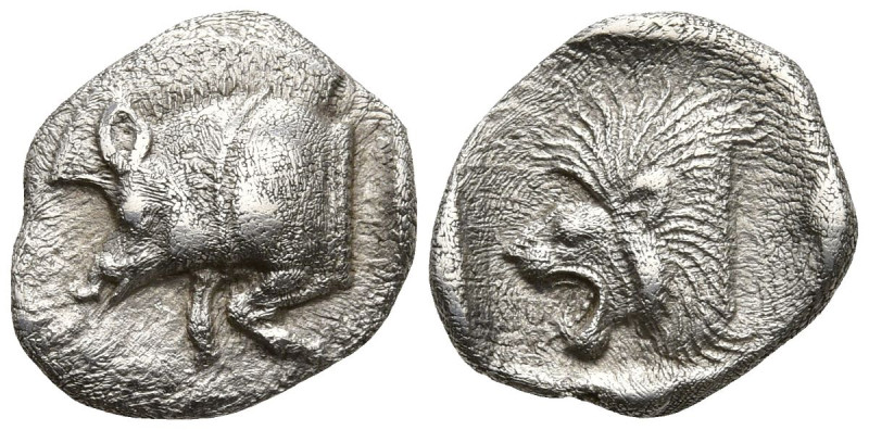 MYSIA. Kyzikos. (Circa 450-400 BC).
AR Obol (10.6mm 0.75g)
Obv: Forepart of bo...