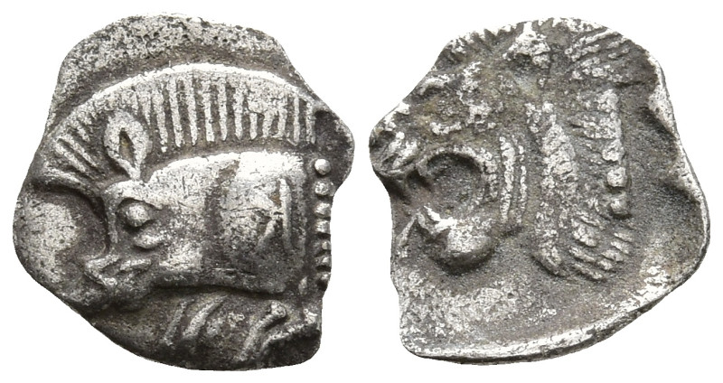 MYSIA. Kyzikos. (Circa 450-400 BC).
AR Hemiobol (7.8mm 0.19g).
Obv: Forepart o...