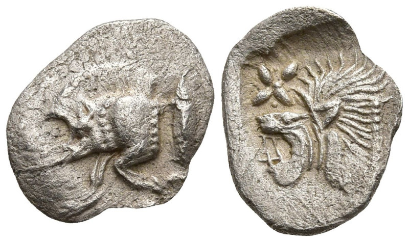 MYSIA. Kyzikos. (Circa 450-400 BC).
AR Hemiobol (8.3mm 0.36g)
Obv: Forepart of...