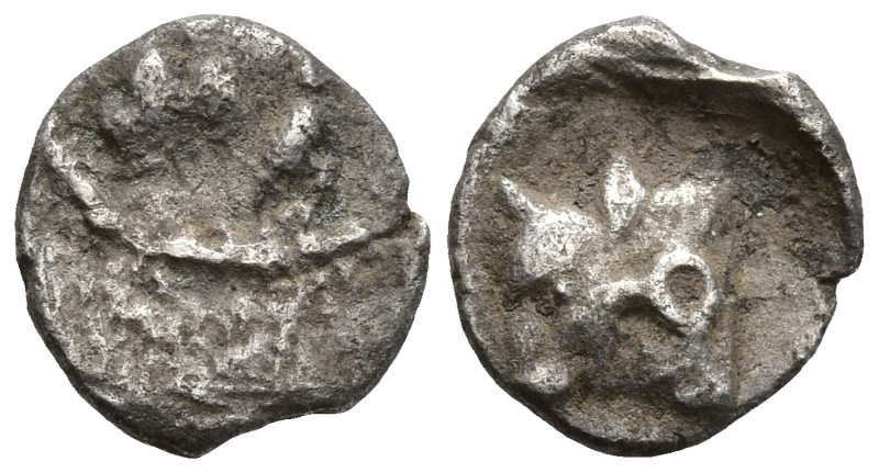 CARIA. Uncertain. (Circa 400-350 BC).
AR Hemiobol (7.9mm 0.33g)
Obv: Head of l...