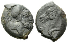 Etruria, Cosa Bronze circa 273-250, Æ 18.00 mm., 5.53 g.
Helmeted head of Mars r. Rev. Head of horse l. on small dolphin l.. EC Series 2, 1–3. Buttre...