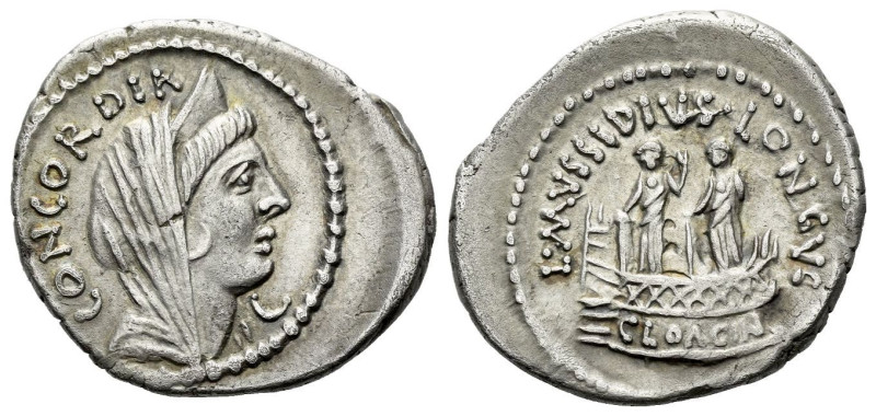 L. Mussidius Longus Denarius circa 42, AR 3.61 mm., 
CONCORDIA Diademed and vei...