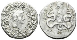 Marcus Antonius Cistophoric tetradrachm circa 39,, AR 26.00 mm., 11.40 g.
M·ANTONIVS·IMP·COS· DESIG·ITER ET·TERT Ivy-wreathed head r.; below, lituus....