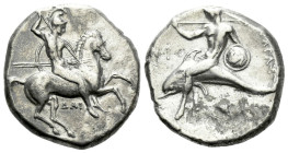 Calabria, Tarentum Nomos circa 305-290, AR 21.00 mm., 7.57 g.
Warrior, holding shield and two spears, preparing to cast a third, on horseback r.; ΔAI...
