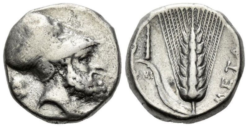 Lucania, Metapontum Nomos circa 340-330, AR 19.00 mm., 7.85 g.
Head of Leucippu...